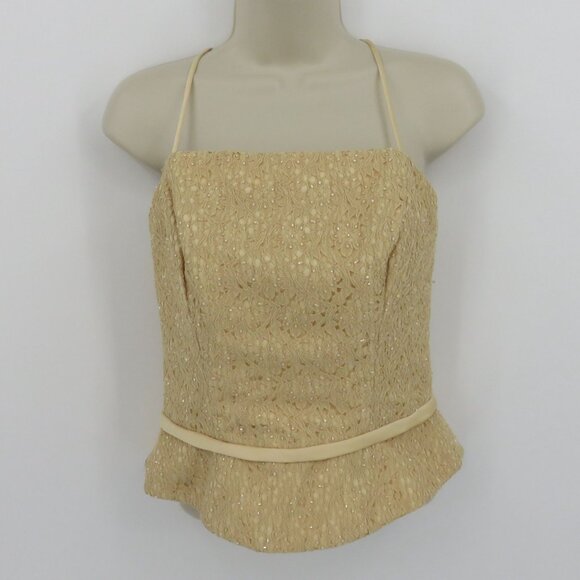 Y2K Womens 12 Juniors 11 Beige Yellow Beaded Corset Spaghetti Tank Top Shirt Bow - Picture 13 of 13